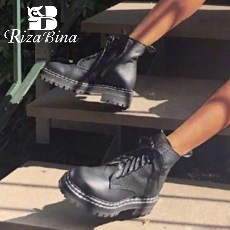 RIZABINA/зимние женские ботильоны с круглым носком на толстой подошве шнуровке