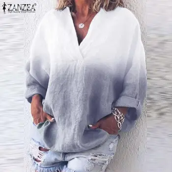 

Women Patchwork Color Blouse Ladies Casual Dye Shirt ZANZEA 2020 Fashion Female V-Neck Long Sleeve Blusas Tunic Tops Plus Size