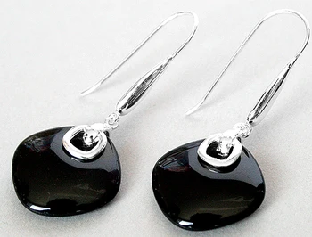 

FASHION 925 SILVER NATURAL BLACK Natural jade EARRINGS 14/5"