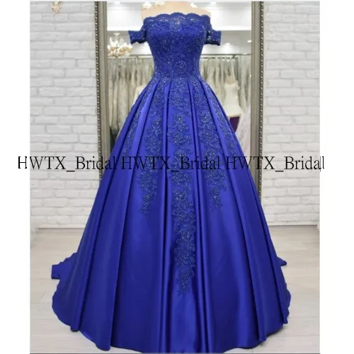 Royal blue HWTX_Bridal Бальные платья с вырезом лодочкой, Королевский синий цвет, с открытыми плечами, с аппликацией из бисера, атласное бургундское бальное платье, милое 16 платье для выпускного вечера - Цвет: Royal blue