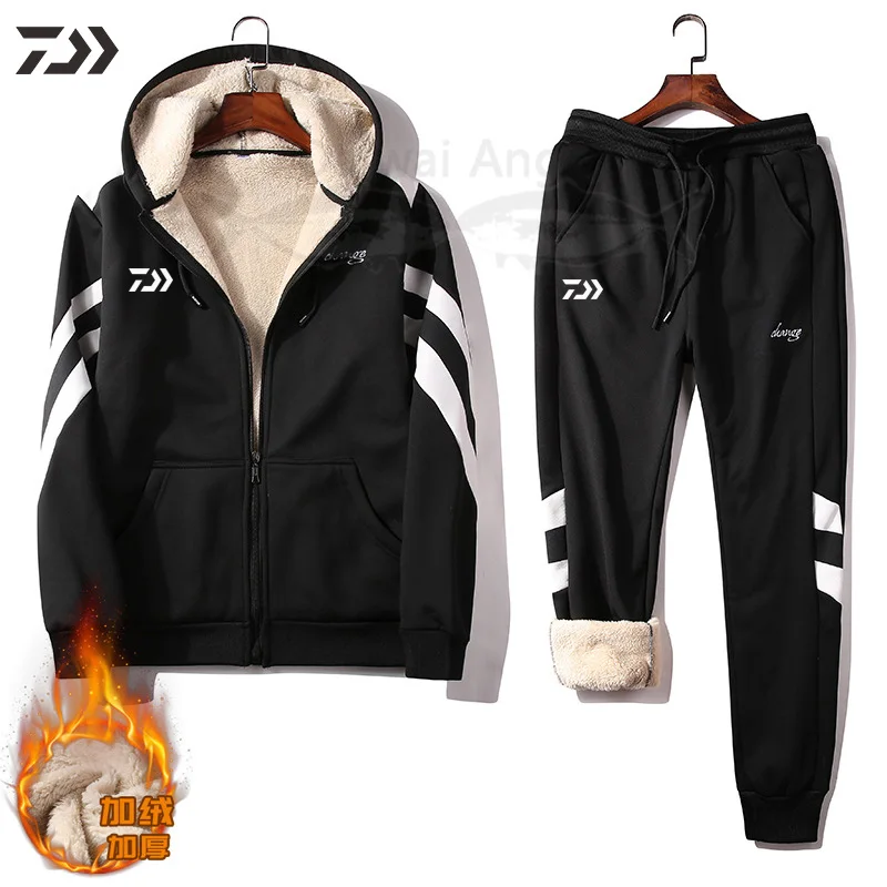 Ternos de Pesca com Capuz Jaqueta de Pesca Calças dos Homens Roupas de Pesca Roupas de Pelúcia Daiwa Inverno Listrado Térmica Engrossar Roupas Esportivas