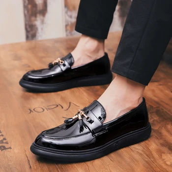 

Spring/Autumn Men Fashion Footwear Low Ankle Patent Leather Mens Shoe Anti Slip Lazy Mens Shoes Brand Tassel Shoe Men Size 38-44