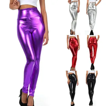

Women Shiny Pants High Waist Wet Liquid Look Pu Faux Leather Metallic Stretchy Leggings Sexy Dance Pants Disco Leggins #YJ