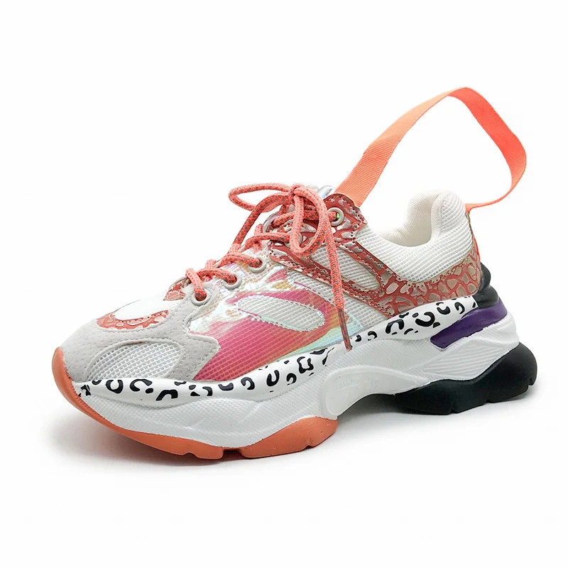 ADBOOV/леопардовые кроссовки на платформе для женщин; уличная мода; женские массивные кроссовки; Лоскутная обувь для папы - Цвет: Оранжевый