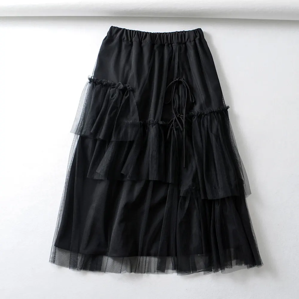 women fashion irregular mesh stitching black asymmetrical skirt autumn female chic casual stylish Skirts vestidos mujer QUN485 - Цвет: as pic QUN485WF
