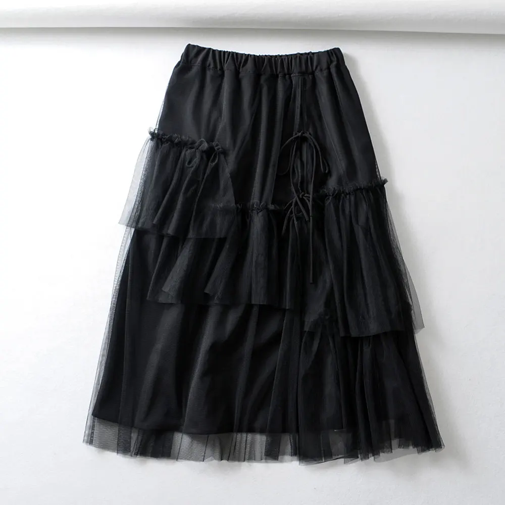 as pic QUN485WF women fashion irregular mesh stitching black asymmetrical skirt autumn female chic casual stylish Skirts vestidos mujer QUN485 - Цвет: as pic QUN485WF