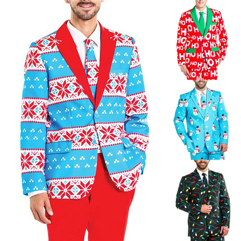 New Men Christmas Costume Blazers Suit Long Sleeve Turn Down Collar Funny Printed Blazer Male