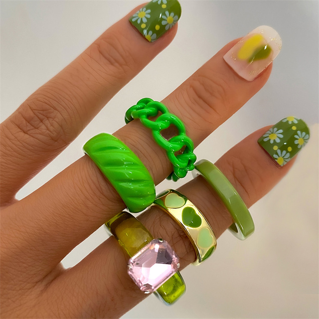 Golden Heart Rings Set for Women Fashion Pink Green Color Resin Flower Love Heart Ring Wholesale Jewelry