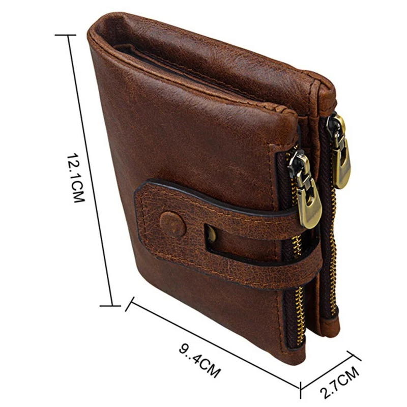 1 PC Men Short Wallet Vintage Genuine Leather Double Zipper Anti-RFID Wallet Solider Color Credit Card Holder Clutch Wallet