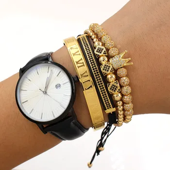 

Hot Sale Classical Handmade Braiding Bracelet Gold Hip Hop Men Pave CZ Zircon Crown Roman Numeral Bracelet Luxury Jewelry