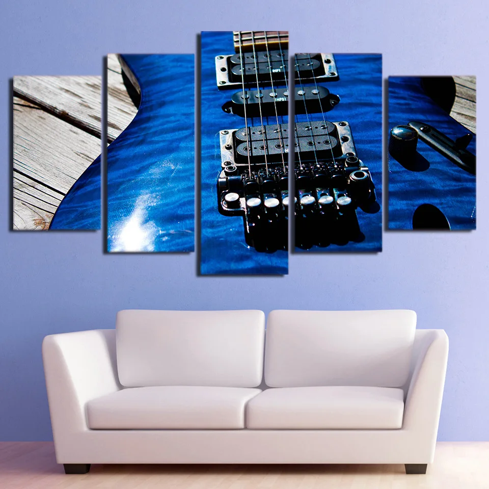 

HD Printed Canvas Wall Art Poster 5 Panel Musical Instruments Blue Guitar String Pictures Modular Painting Home Room Decor Frame