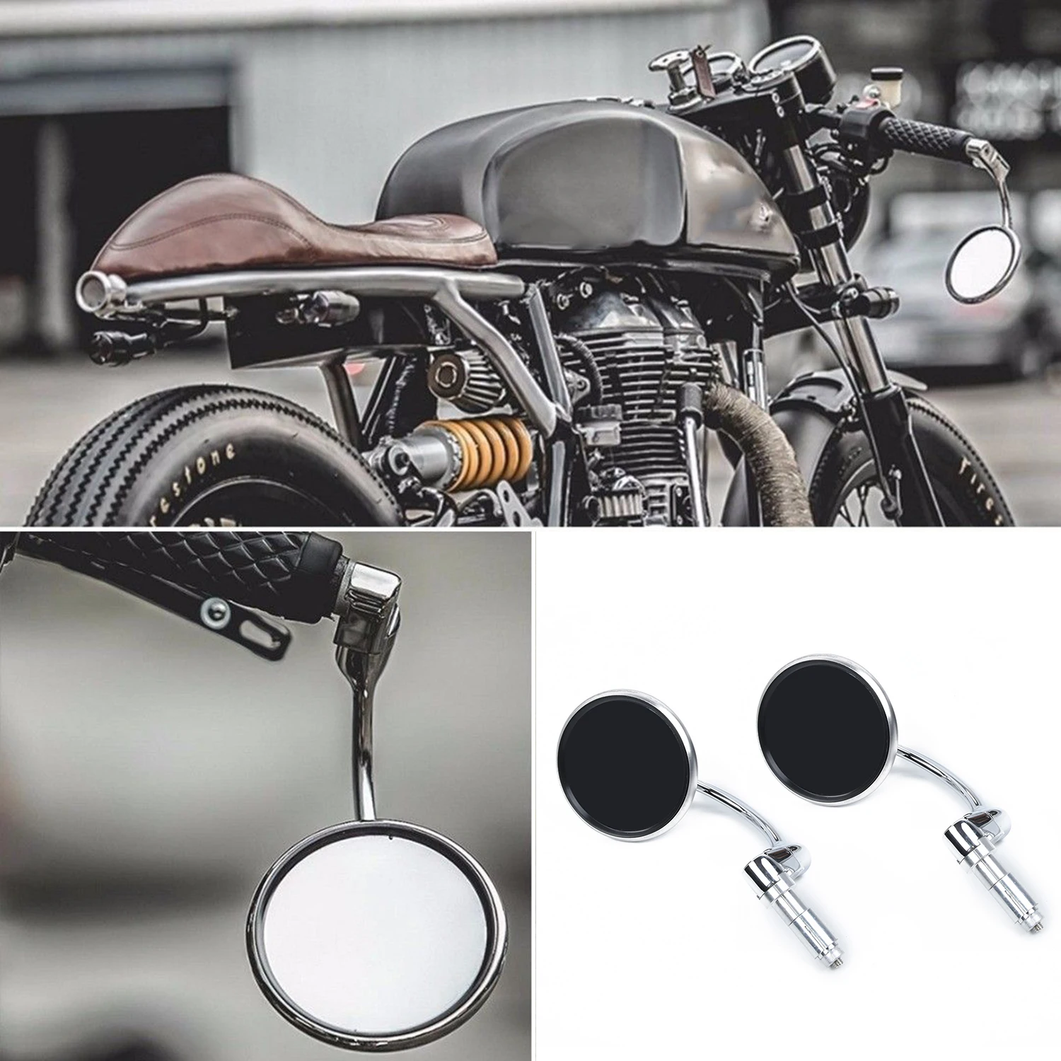 

For Cafe Mirrors CNC Aluminum Rearview Clear Chrome Round End Side 1 Pair Racer Hot Sale Accessories