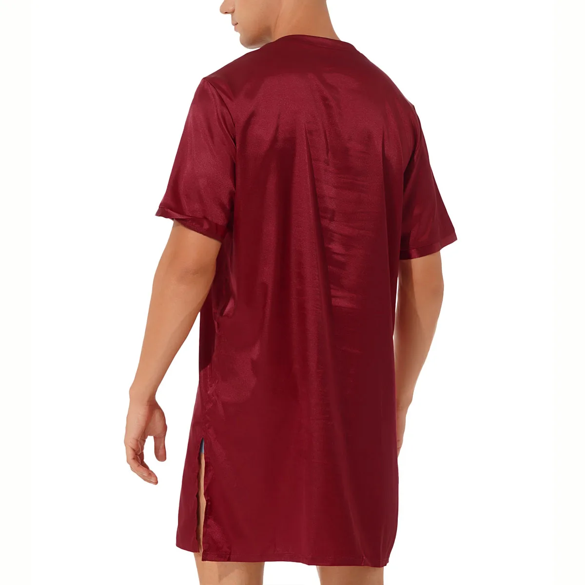 Men Silk Satin Pajamas Side Slit Short-Sleeved V-neck Casual Lounge Top Home Wear