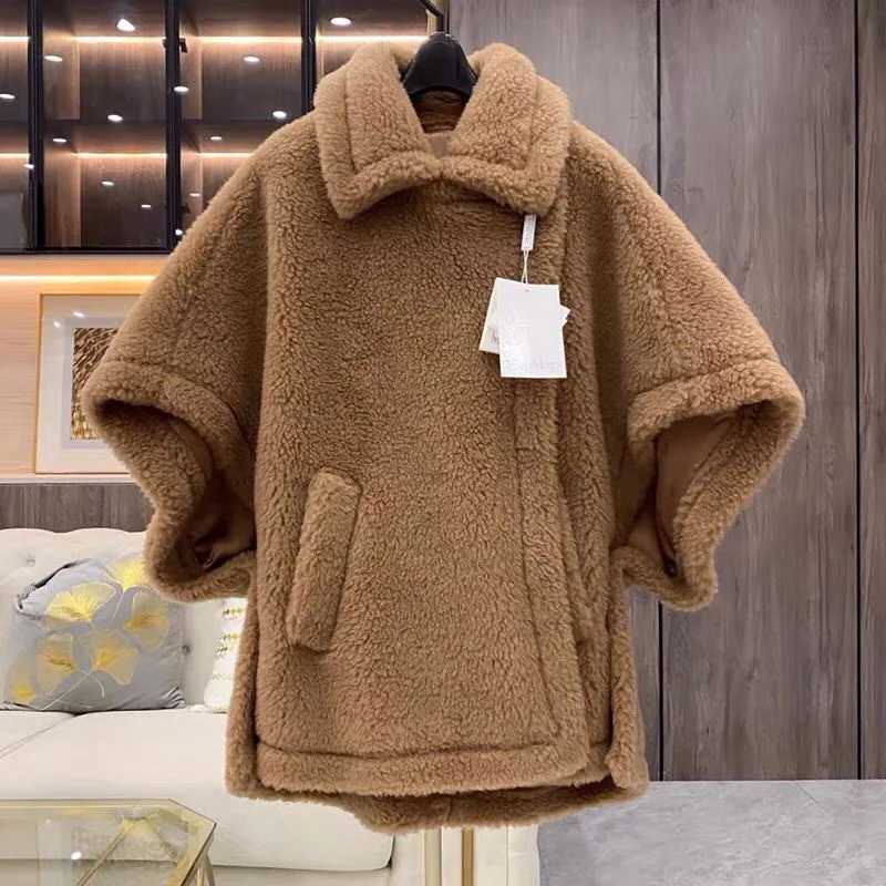 2023 Winter Real Wool Coat Women Fashion Teddy Poncho Lady