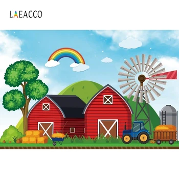 

Laeacco Birthday Photophone Sky Clouds Rainbow Farm House Windmill Trees Photo Backgrounds Baby Shower Photography Backdrops