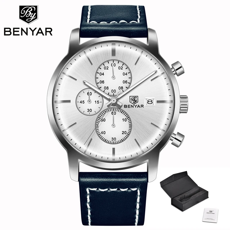 Silver White BENYAR, мужские часы, Топ бренд, Роскошные, кварцевые, с хронографом, модные, нержавеющая сталь, водонепроницаемые, мужские часы, военные, Relogio Masculino - Цвет: Silver White