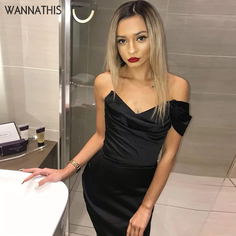 

WannaThis Black Slash Neck Off Shoulder Sexy Party Dresses Satin Irregular Ruched Slim Women Elegant Summer New Silk Mini Dresse