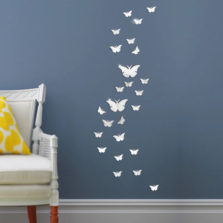 

12pcs/set Silver 3D Mirrors Butterfly Wall Stickers Decal Wall Art Removable Room Party Wedding Decor Wall Sticker for Kids Room