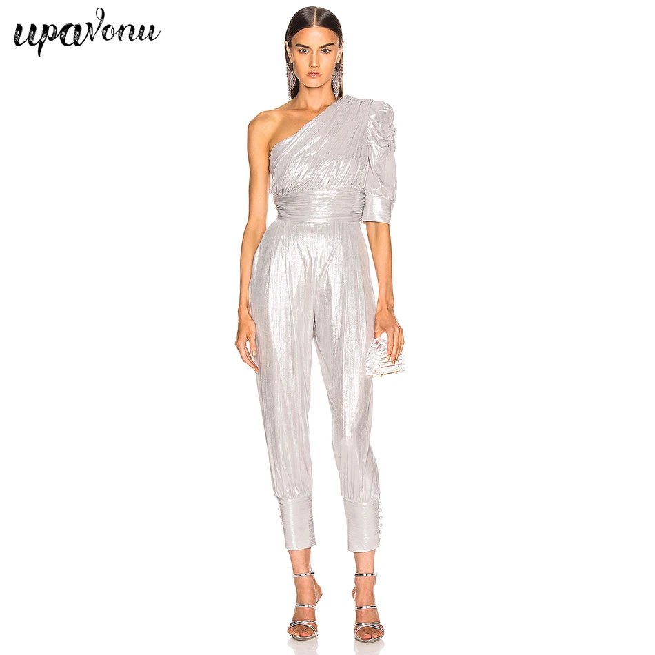 

2019 New Fashion Silver Sexy Club Party Tight One-Shoulder Jumpsuit Ladies High Waist Half Sleeve Ladies Out Ladies Overalls