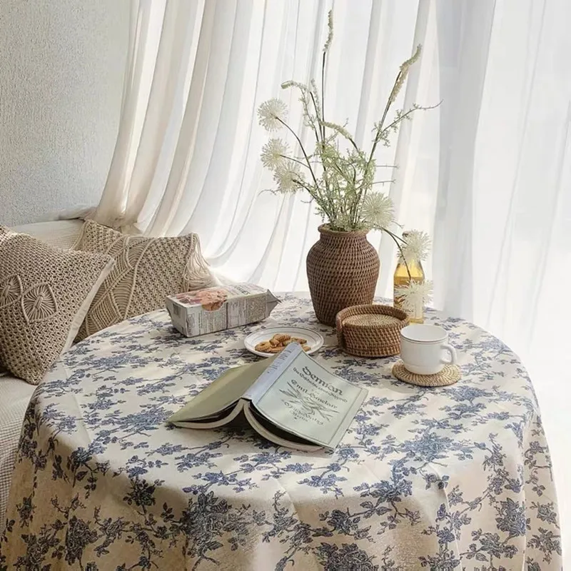 

Ins Same Vintage Blue Floral Tablecloth, Photo Background Cloth, Literary Minority, Pastoral Picnic Cloth, Tea Table Cloth