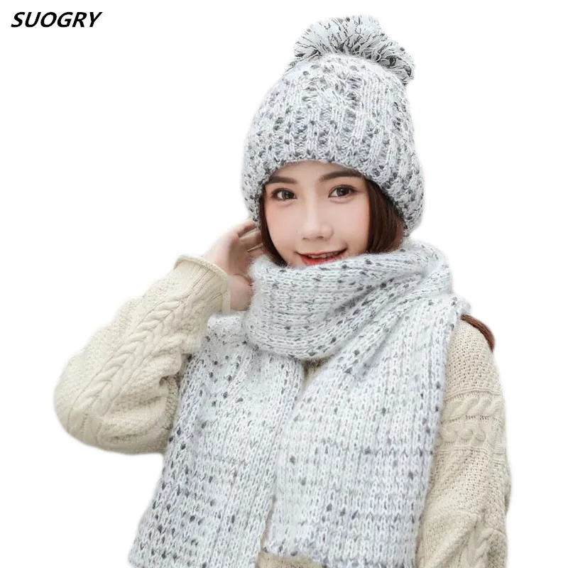 

SUOGRY Women Winter Hat And Scarf Set Fashion Cashmere High Quality Pompom Fur Hat Female Cashmere Warm Hat Knitted Scarves