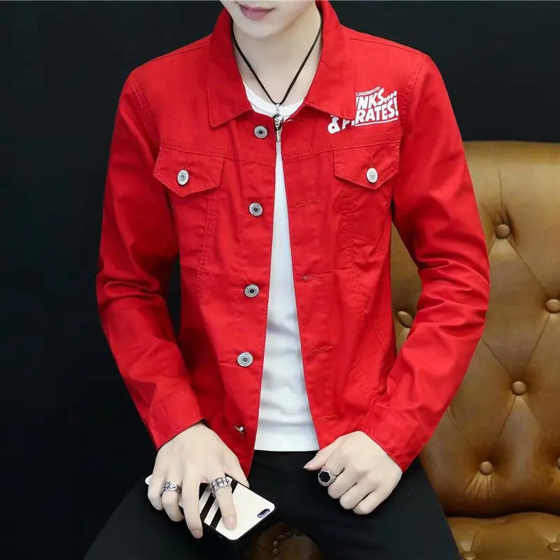 

New Style Autumn Korean-style Slim Fit Long Sleeve Button Teenager Coat Versitile Fashion Trend Outer Wear Printed Coat Men's