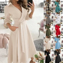 Robe longue à imprimé géométrique pour femmes, Sexy, décolleté en v profond, poches, manches longues, ceinture, robe de soirée irrégulière, jupe de printemps et d'automne 