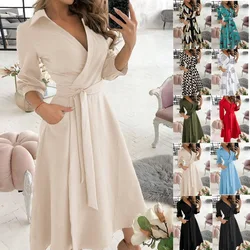 Sexy profundo decote em v impressão geométrica saia longa bolso feminino manga comprida cinto vestido irregular vestido de festa primavera e outono saia