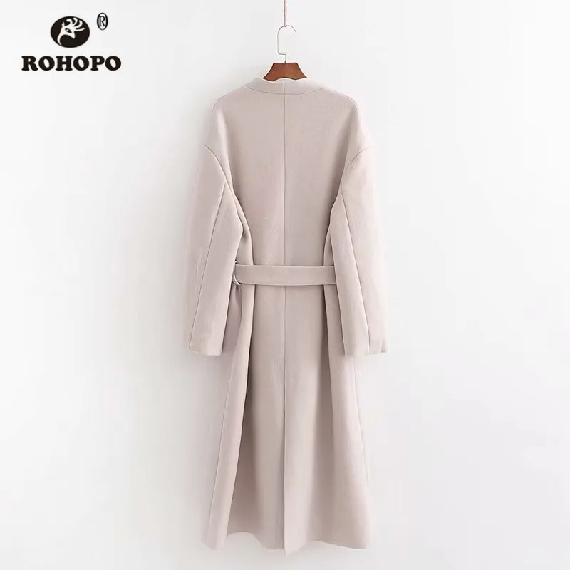 ROHOPO однотонное бежевое пальто средней длины с v-образным воротником и поясом осень/зима женские мягкие теплые длинные пальто с карманами пальто#2649