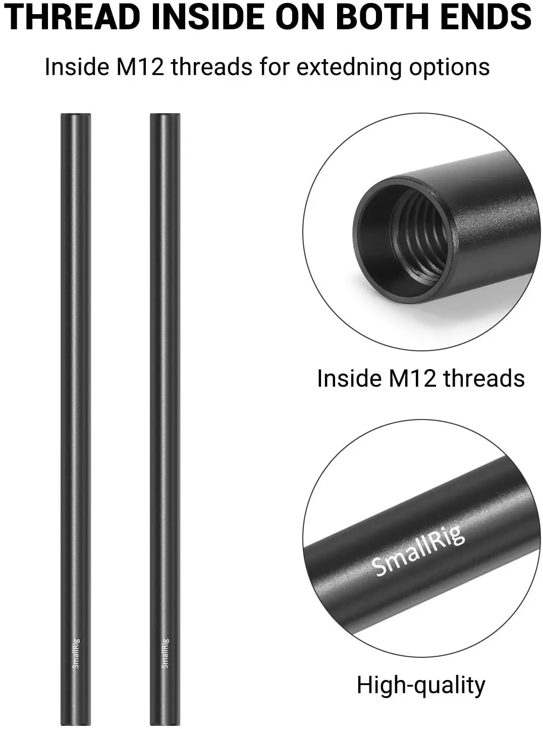 SmallRig 2pcs 15mm Black Aluminum Alloy Rod(M12-30cm) 12inch for DSLR Rail Support System for Follow Focus 1053
