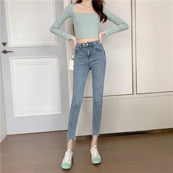 

EAD stretch jeans women 2020 spring new high waist was thin double buckle nine points feet pants fashion wild casual pants