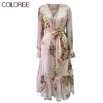 

High Quality Elegant Ruffles Floral Printed Chiffon Long Dresses For Women Runway Bohemian V-neck Long Sleeve Maxi Dress Female