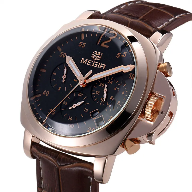 

Megir Top Genuine Leather Sport Luxury Watch Men Brand Casual Quartz Watch Male CHRONOGRAPH 6 hand Function Wristwatch Clock men