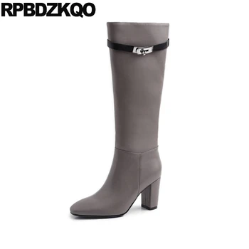 

grey knee high fur tall square toe block boots heel comfortable designer shoes women luxury 2019 winter fall vintage long chunky