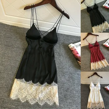 

Women Sexy Lingerie Stain Lace Patchwork Sleepwear Night Dress Baby Doll V-neck Nightwear For Ladies Sexi Nuisette Koszula Nocna