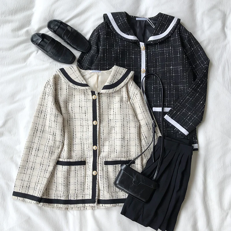 

Fall 2019 Vintage Beige black Tweed Jacket Plaid Stripes Long Sleeve Pocket Elegant Female Jacket Coat (N0031)