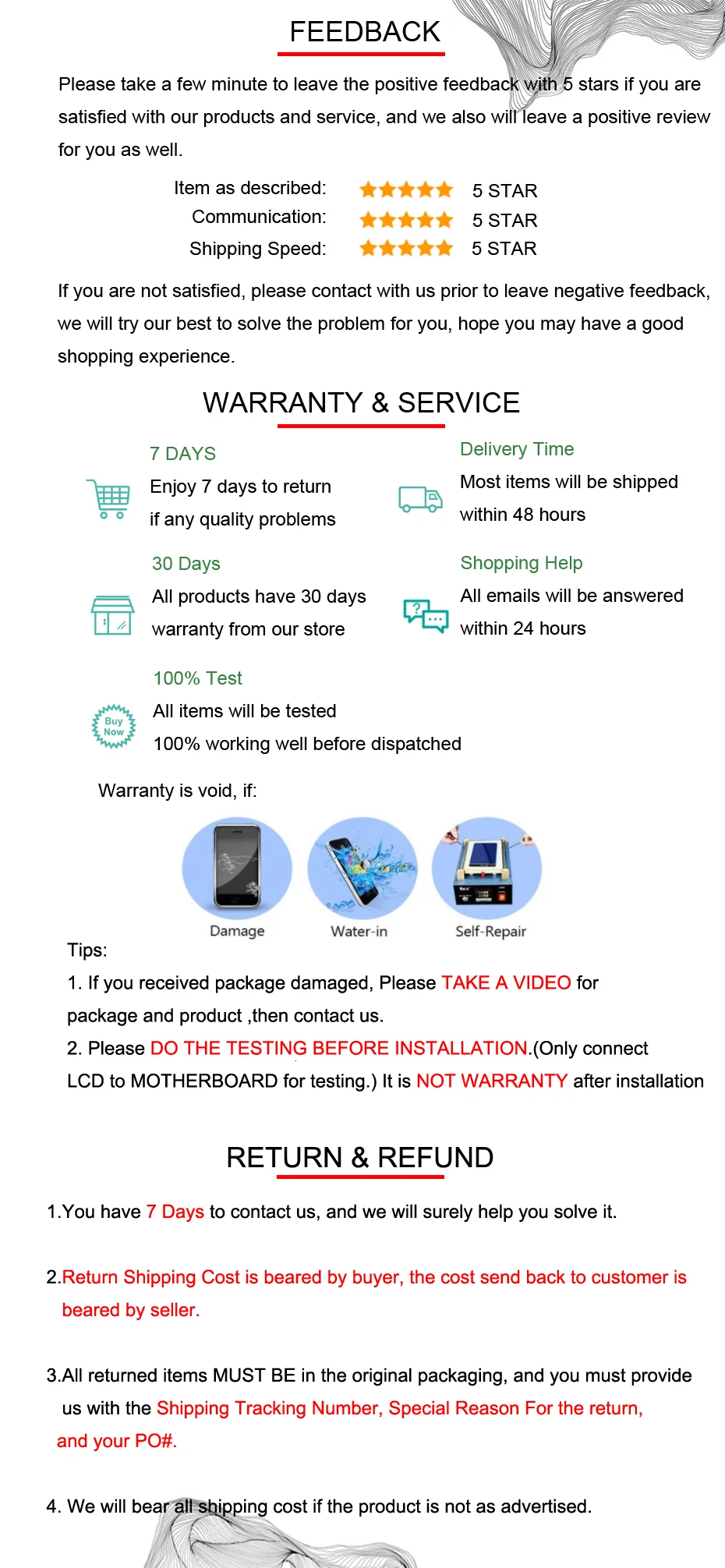 feedback+warranty+return