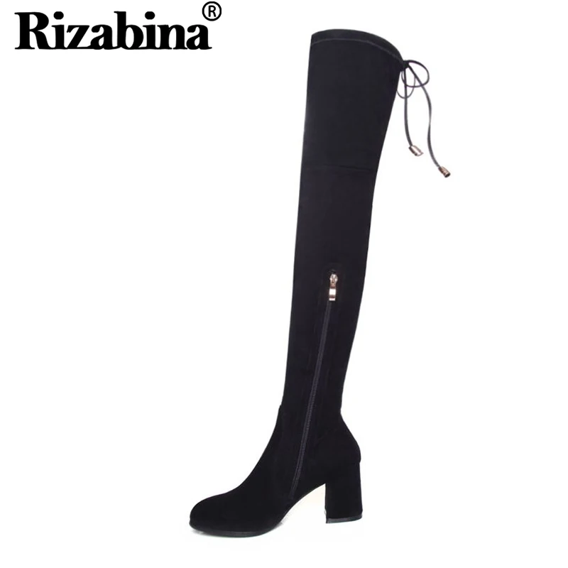RIZABINA Real Leather Stretch Boots Women Zipper Round Toe Square Heel
Over Knee Boots Slim Thigh High Women Shoes Size 34-43
