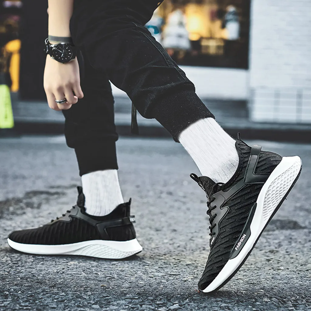 Men's White running shoes Casual Fly Knit chunky sneakers Wear resistant Breathable Trend Wild Solid Walking Jogging Footwear