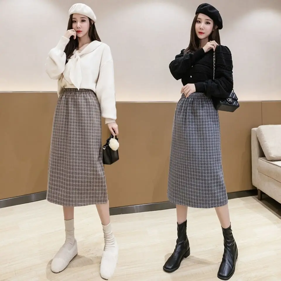 

Autumn and Winter woolen plaid Women's Mid-length skirt 2020 one-step skirt new high waist slimming A- line skirt hip skirt