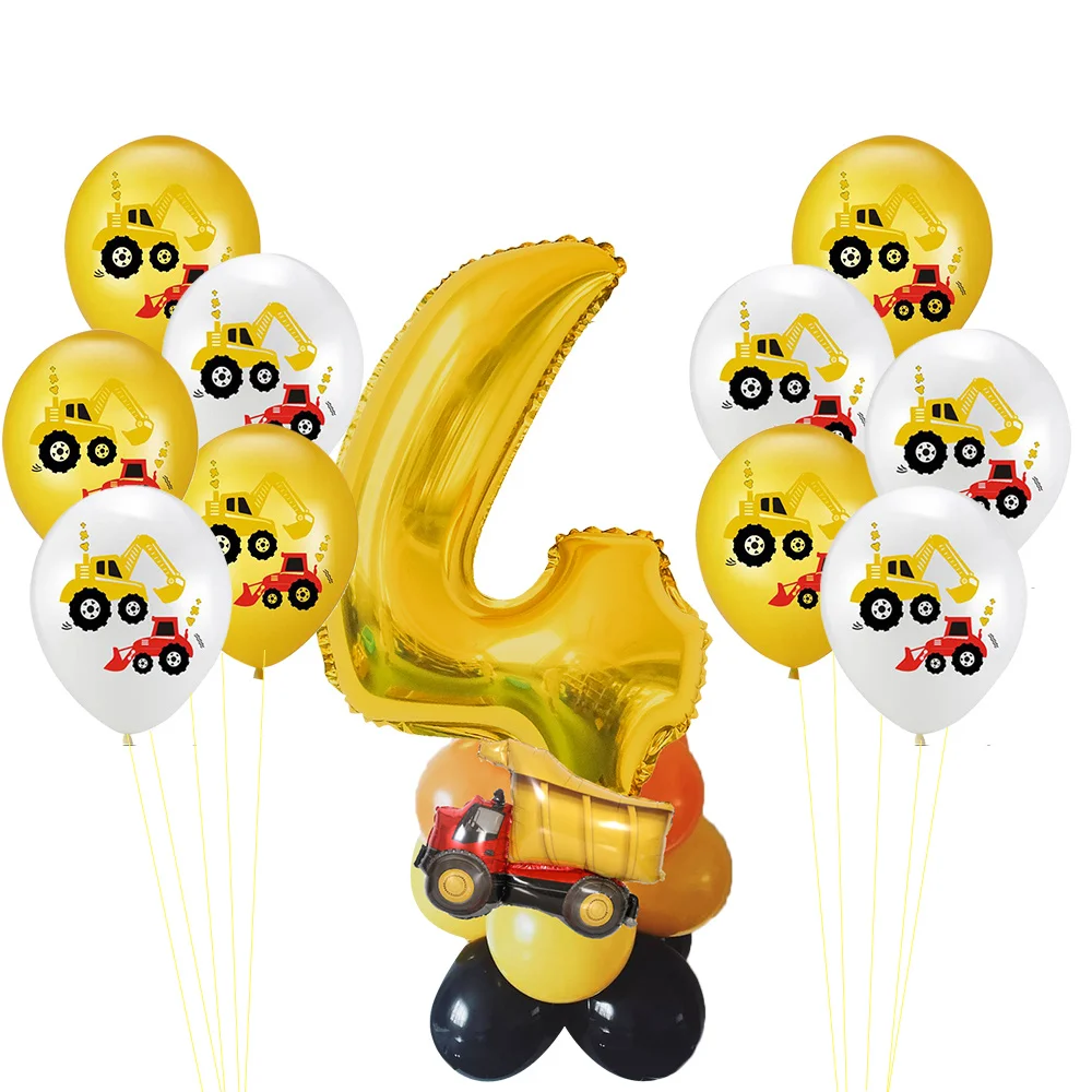 1set Construction Bulldozer Series Disposable Tableware Paper Cups Plates Truck Balloons For Boy's Birthday DIY Party Decoration 