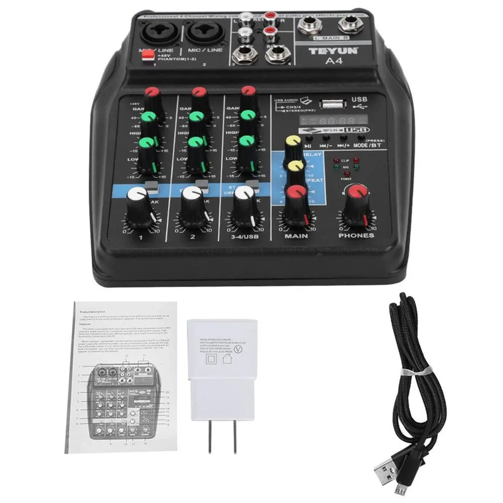 

A4 Sound Mixing Console with Bluetooth Record Mini Audio Mixer with USB Professional 4 Channels DJ Karaoke KTV Meeting