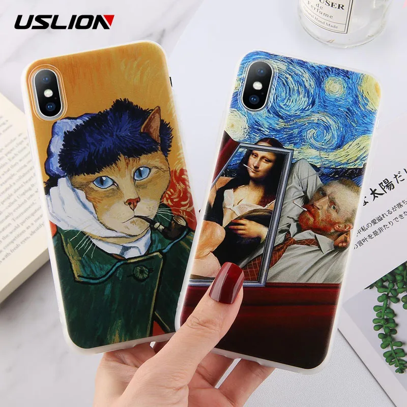 

USLION Art Abstract Statue Cover For iPhone X XS XR Xs Max Funny Cats Print Soft TPU Phone Case For iPhone 6 6s 7 8 Plus 5 5s SE