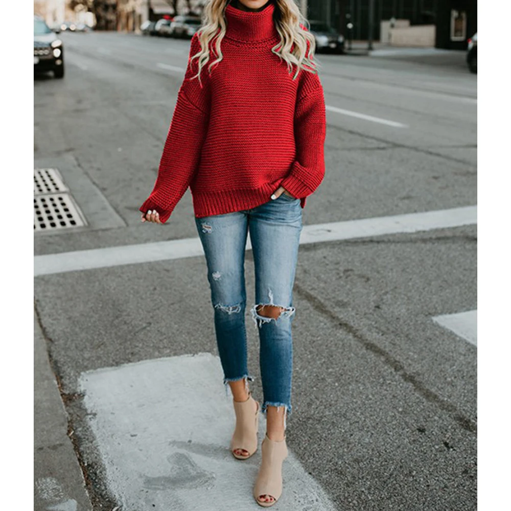 MOSHENQI, женские пуловеры с высоким воротом, вязаные, длинные, зимние, повседневные, свободные, однотонные, красные, свитера, толстый, вязаный джемпер, Pull Femme