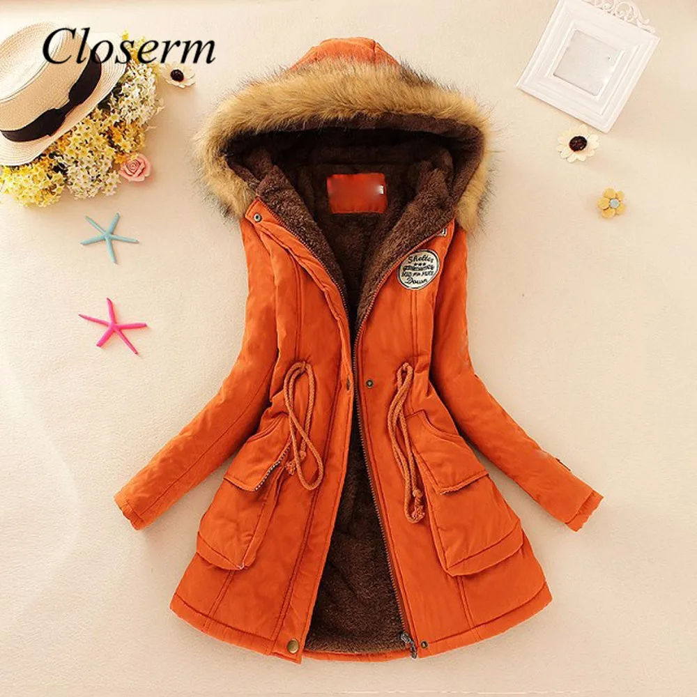 Coat 2019top Women Warm Long Coat Fur Collar Hooded Jacket Winter Parka Outwear - Цвет: Orange-2