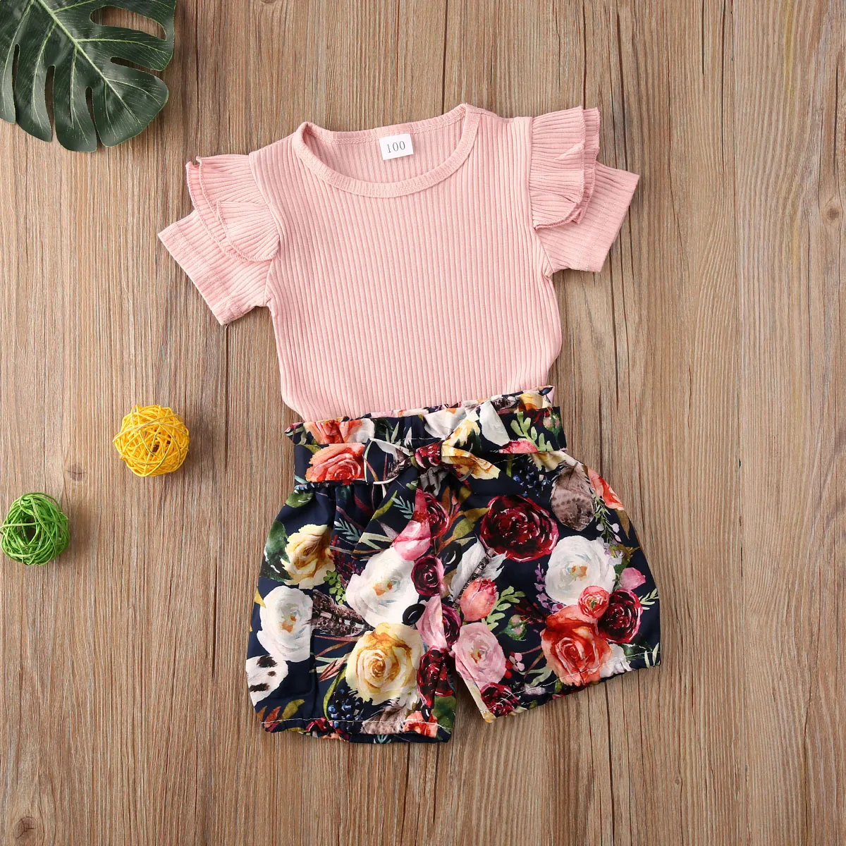 Baby Girl Clothing Sets Pink Rib Knitted Short Sleeve Top + Floral ...