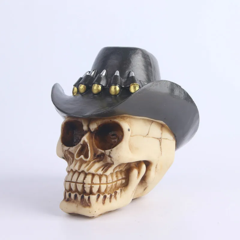 Skull with Cowboy Hat Figurine Statue Skeleton Halloween 