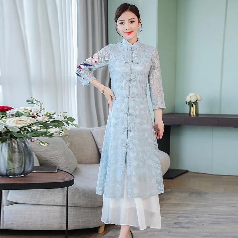 

2019 New Style Spring Clothing WOMEN'S Dress National Wind Retro Chinese Costume Big Skirt Set Improved Cheongsam Two-Piece Dres