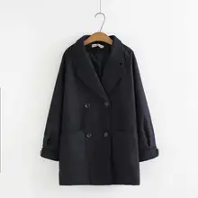 Большие размеры, однотонные темно-синие женские свободные шерстяные зимние пальто, новинка, повседневные женские двубортные куртки, женские топы большого размера
