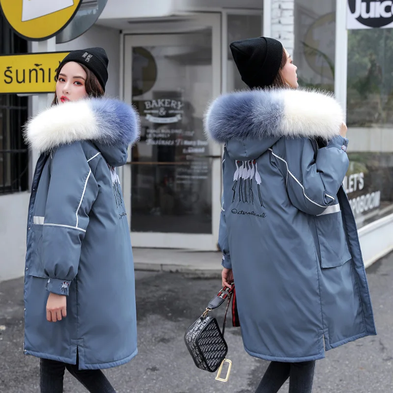 

Photo Shoot Han Dong Door 2019 New Style down Jacket Women's Mid-length Large Fur Collar Embroidered Parka Thick Cotton Coat